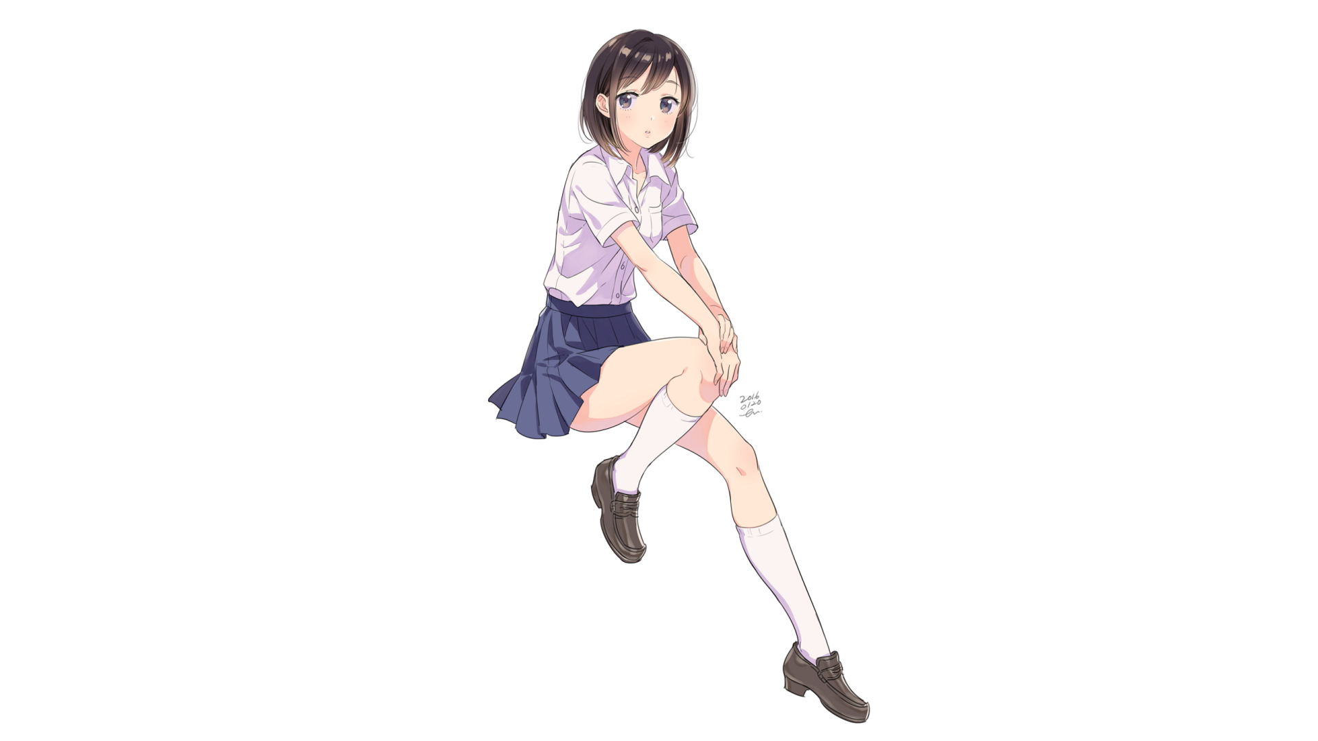 Original anime girl in a school uniform, seated with legs crossed and a gentle expression; clean white background — 2K Quad HD PC desktop wallpaper and background.