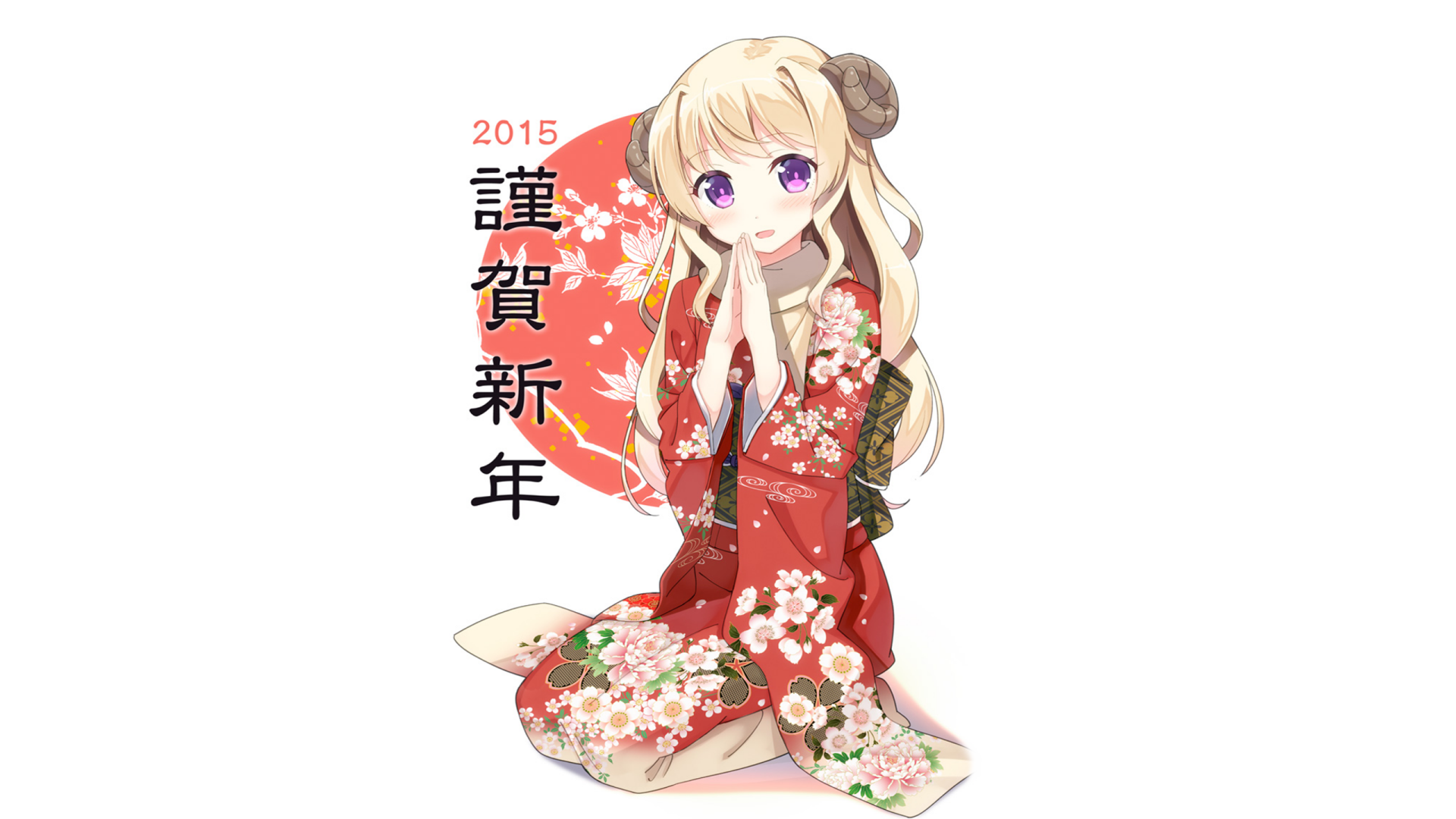 Original anime 2K Quad HD PC desktop wallpaper/background: blonde girl in red floral kimono kneeling with New Year kanji and decorative red circle.