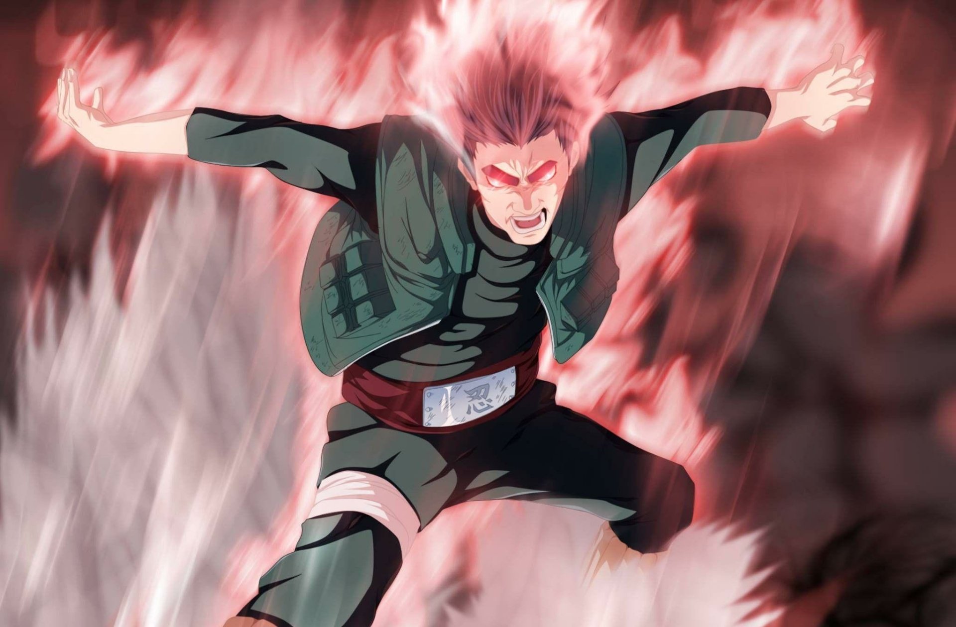HD desktop wallpaper showcasing Might Guy from Naruto activating the Eight Gates technique, engulfed in fiery energy.