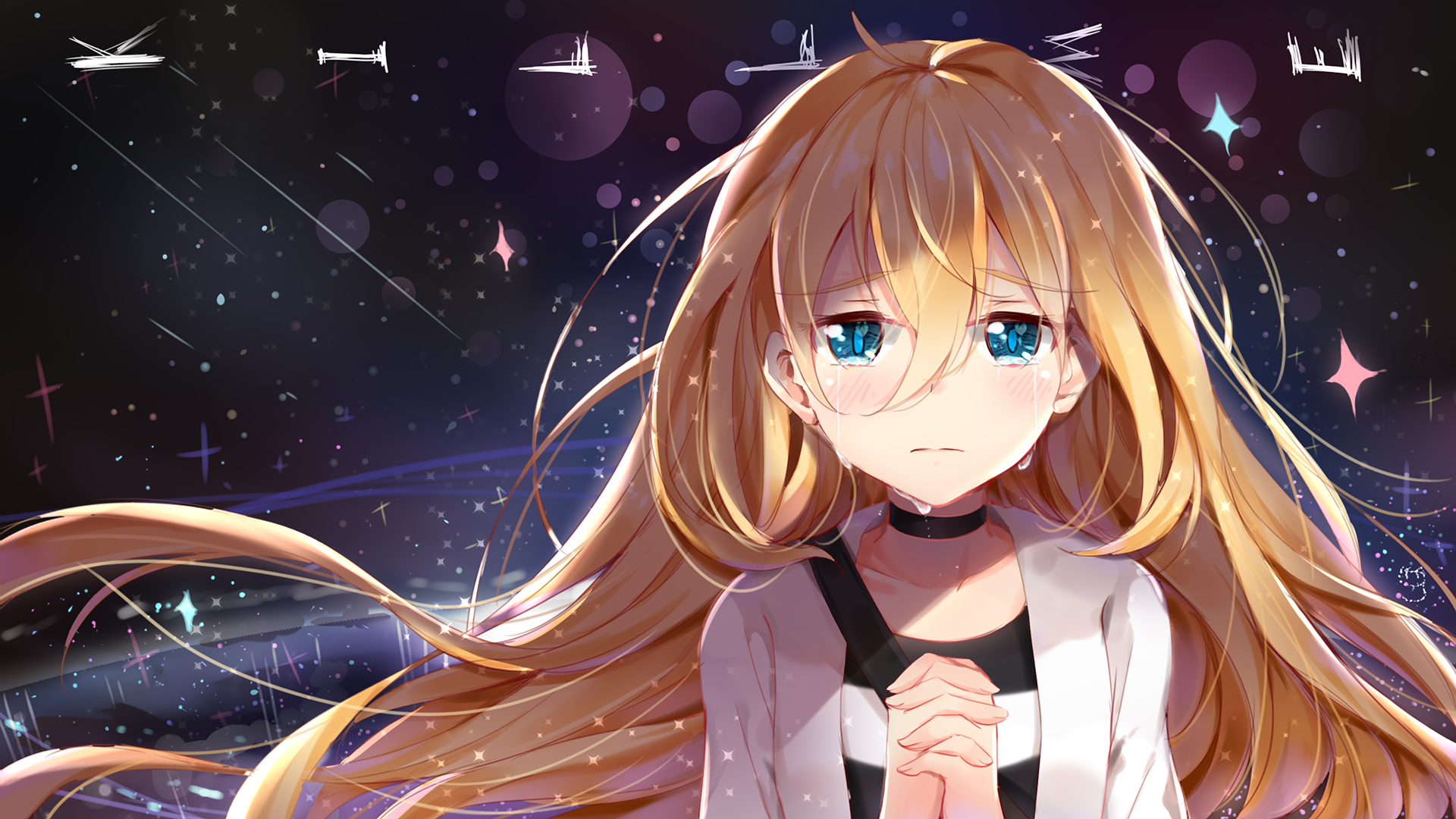 HD desktop wallpaper of Rachel Gardner from Satsuriku no Tenshi (Angels of Death) featuring her with tears in her blue eyes, and long blonde hair, set against a starry background.