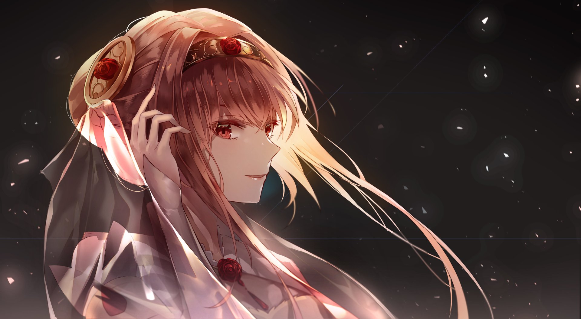 HD anime wallpaper featuring a smiling character with brown eyes, brown hair, and a headband. The background is dark with subtle light accents.