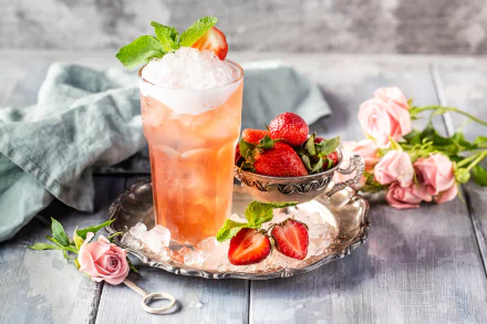 A refreshing pink cocktail with crushed ice and strawberries sits on a silver tray alongside fresh strawberries and pink roses, creating a vibrant still life scene.