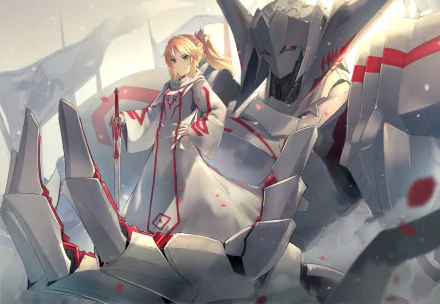 HD anime desktop wallpaper featuring Mordred, Saber of Red from Fate/Apocrypha, standing confidently with a large armored figure behind her.