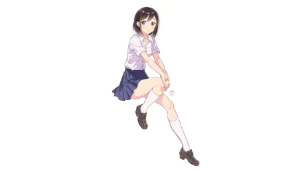 Original anime girl in a school uniform, seated with legs crossed and a gentle expression; clean white background — 2K Quad HD PC desktop wallpaper and background.