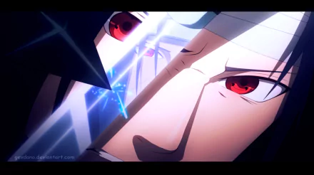 HD desktop wallpaper featuring Itachi and Sasuke Uchiha from Naruto, with intense Sharingan eyes and a glowing Kunai between them.