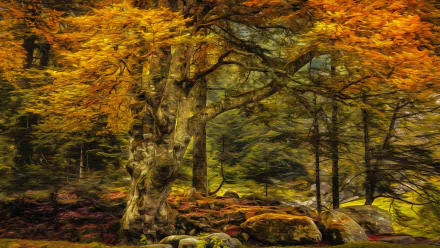 4K Ultra HD image of a vibrant fall forest with golden leaves on trees and large rocks scattered across the forest floor, showcasing nature's autumn beauty.