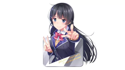 Anime-style Virtual YouTuber Tsukino Mito with long black hair in a detailed school uniform, making a peace sign against a white background.