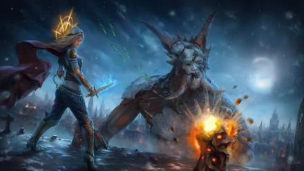 A sorceress wielding magic faces a horned demon under a night sky in a high-definition Path of Exile video game desktop wallpaper.