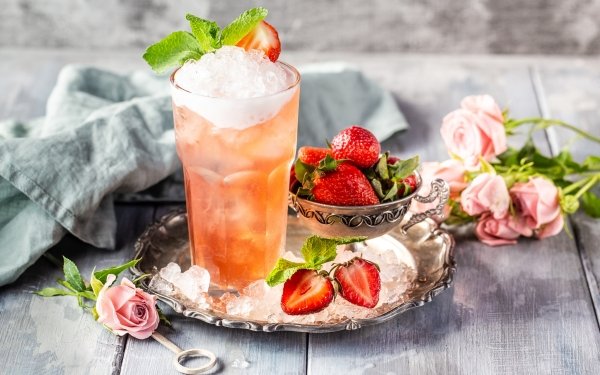 Food Cocktail Still Life Drink Glass Rose Pink Flower Strawberry HD Wallpaper | Background Image