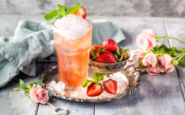 A refreshing pink cocktail with crushed ice and strawberries sits on a silver tray alongside fresh strawberries and pink roses, creating a vibrant still life scene.