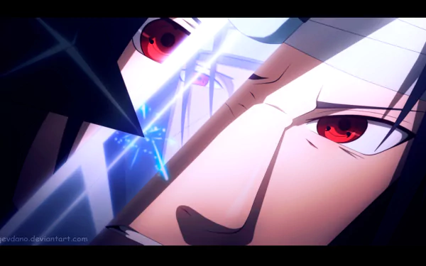 HD desktop wallpaper featuring Itachi and Sasuke Uchiha from Naruto, with intense Sharingan eyes and a glowing Kunai between them.