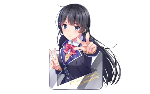 Anime-style Virtual YouTuber Tsukino Mito with long black hair in a detailed school uniform, making a peace sign against a white background.