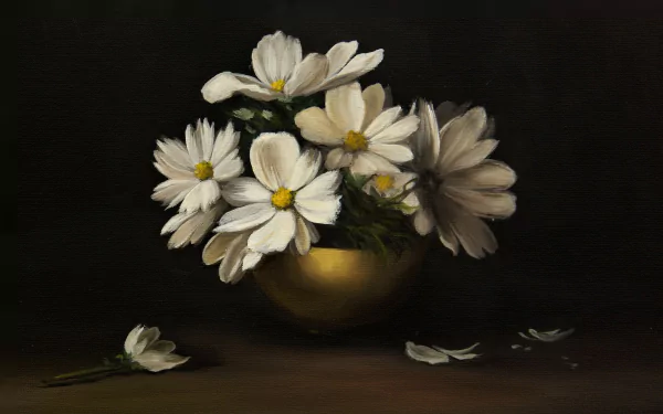 Artistic still life painting of white flowers in a golden bowl on a dark surface — HD PC desktop wallpaper and background.