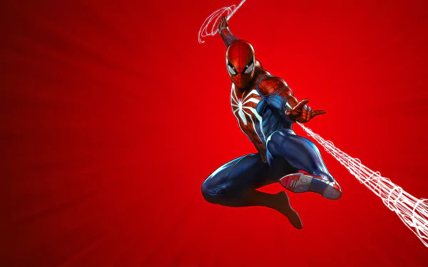 HD desktop wallpaper featuring Spider-Man from the PS4 video game, dynamically posed against a vivid red background, webbing on his right hand.