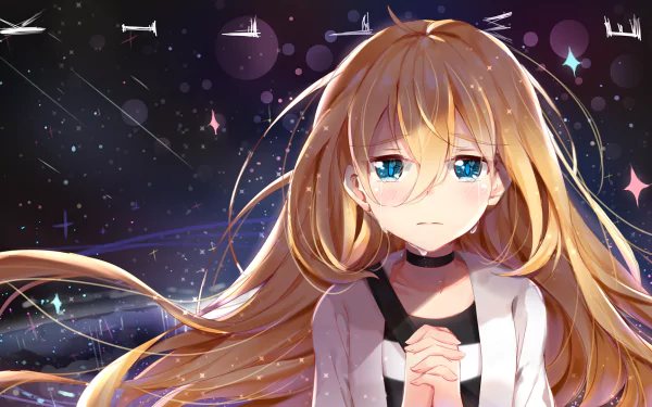 HD desktop wallpaper of Rachel Gardner from Satsuriku no Tenshi (Angels of Death) featuring her with tears in her blue eyes, and long blonde hair, set against a starry background.