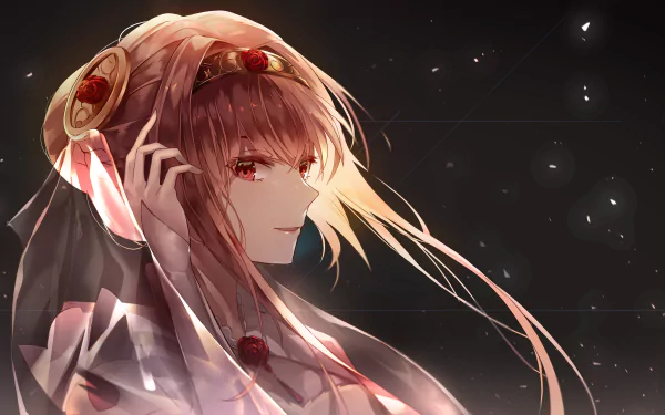 HD anime wallpaper featuring a smiling character with brown eyes, brown hair, and a headband. The background is dark with subtle light accents.