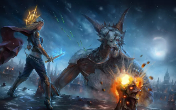 A sorceress wielding magic faces a horned demon under a night sky in a high-definition Path of Exile video game desktop wallpaper.