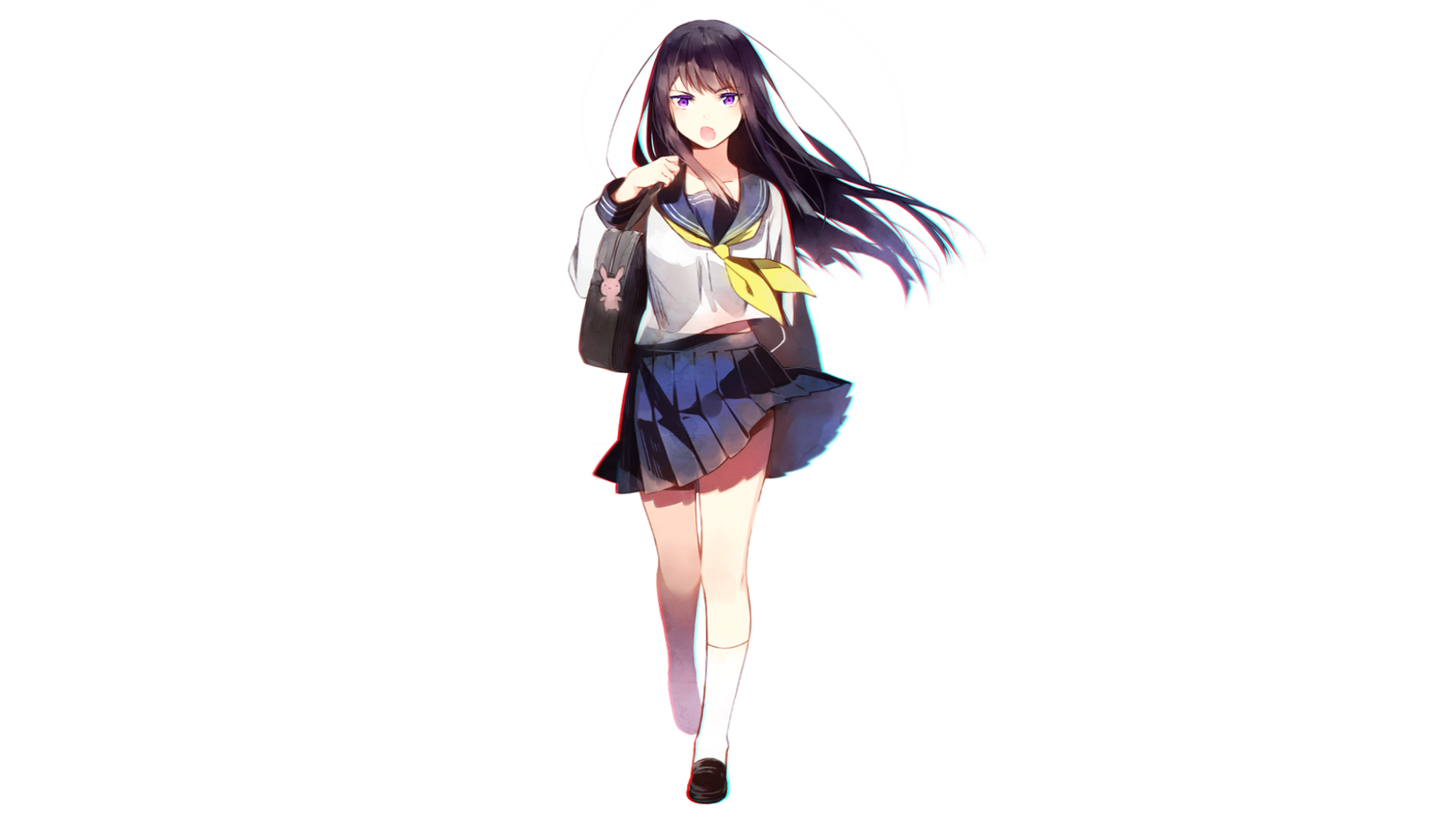HD PC desktop wallpaper of an original anime schoolgirl with long black hair in a sailor uniform, carrying a bag and walking toward the viewer on a white background.
