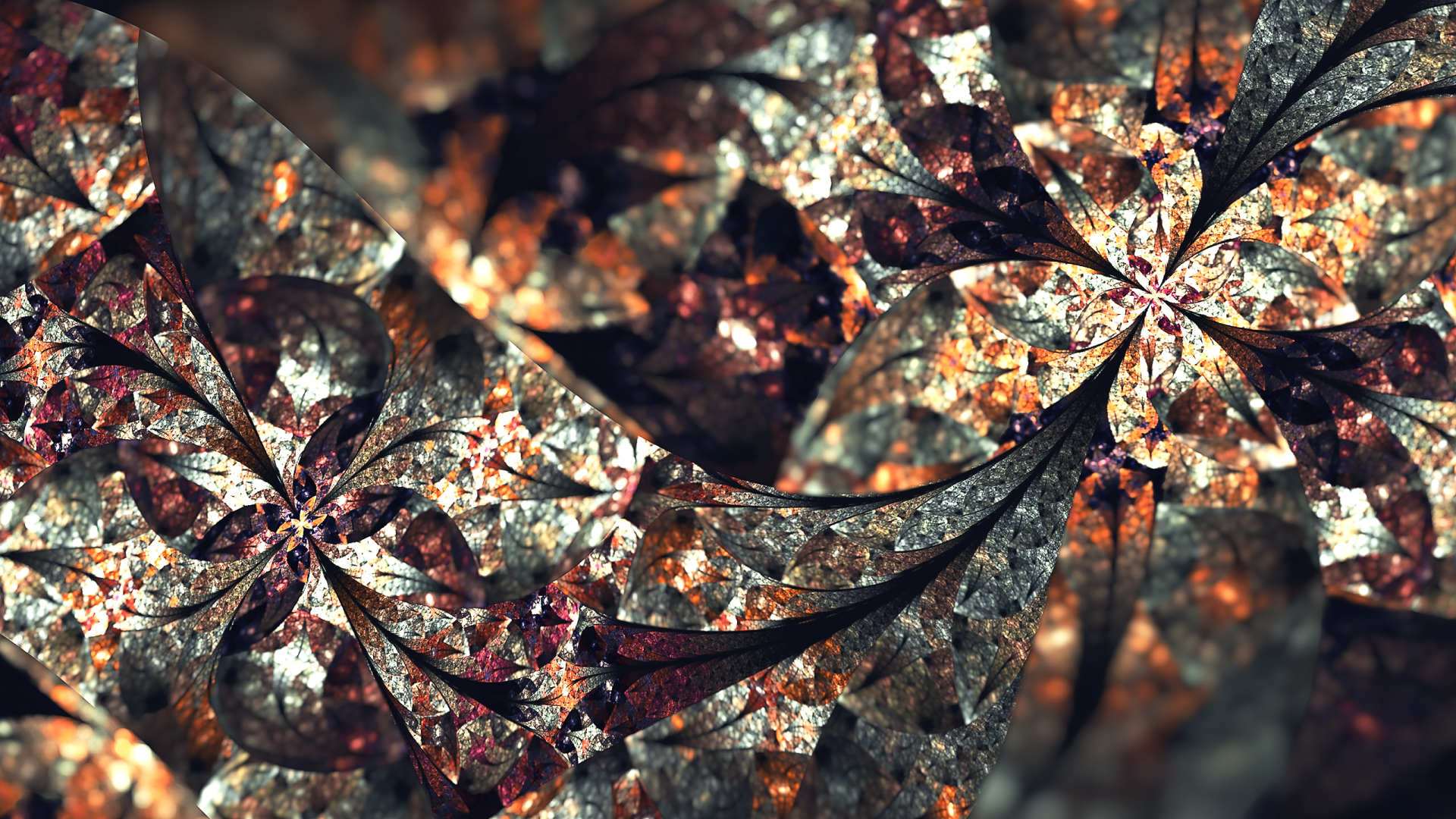 HD PC desktop wallpaper featuring an abstract fractal design with intricate, swirling patterns in warm earthy tones and metallic highlights.