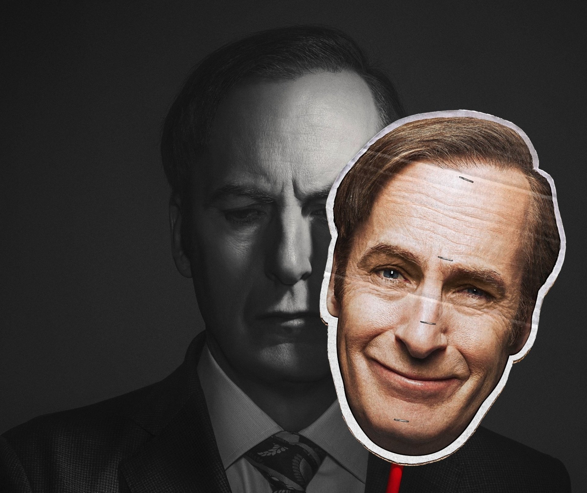 HD PC desktop wallpaper featuring the TV show Better Call Saul with a contrast of a serious dark background and a smiling cutout of the main character’s face.