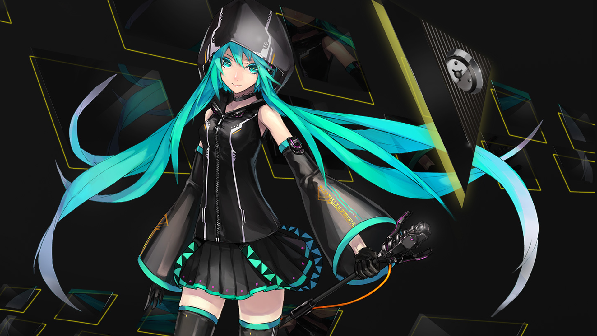 HD desktop wallpaper of Hatsune Miku with long blue twintails, blue eyes, and a black skirt, styled in vibrant anime and Vocaloid aesthetics.