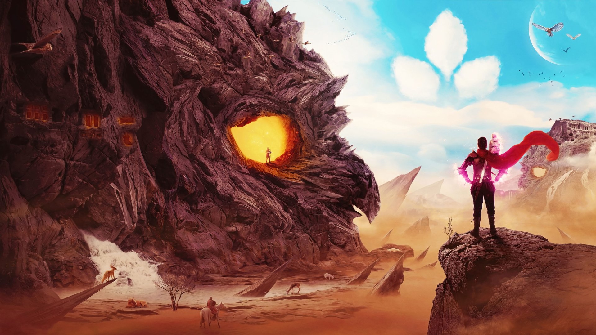 4K Ultra HD PC desktop wallpaper — fantasy landscape: vast desert with a colossal rock-dragon skull glowing from within as a lone figure stands in its eye, a red-cloaked hero atop a cliff.