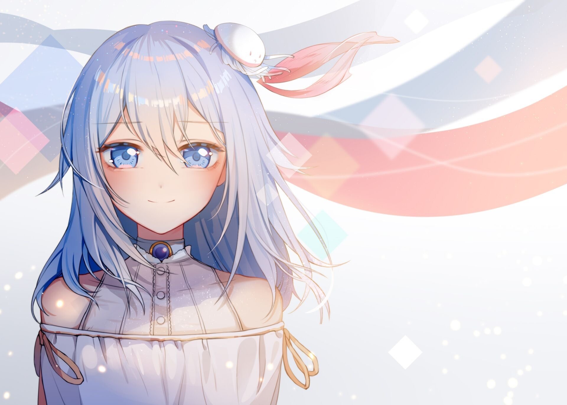 Anime-style HD desktop wallpaper featuring Vocaloid character Hai Yi with silver hair and blue eyes against a soft, pastel background.