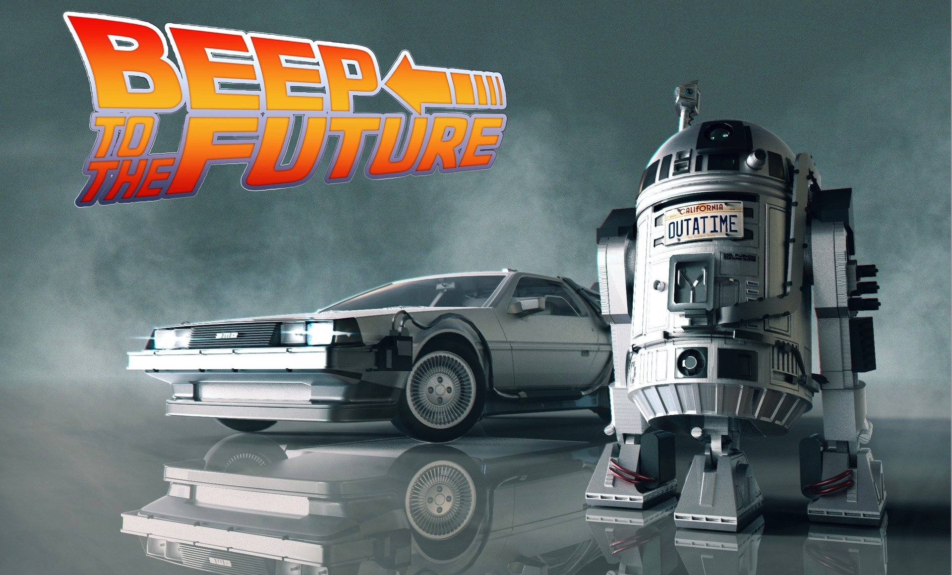 HD PC wallpaper featuring a Star Wars crossover with R2-D2 styled as the DeLorean time machine from Back to the Future, titled Beep to the Future.