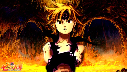 HD desktop wallpaper of Meliodas from The Seven Deadly Sins, featuring his blonde hair and red eyes in an intense, fiery background.