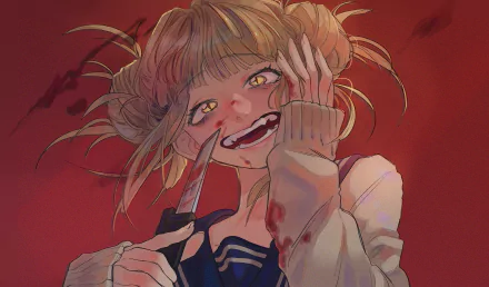 HD PC wallpaper featuring Himiko Toga from My Hero Academia, showcasing her mischievous smile and holding a knife against a dark red background.