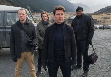 4K Ultra HD PC wallpaper featuring Tom Cruise, Simon Pegg, Rebecca Ferguson, and Ving Rhames from the movie Mission: Impossible - Fallout in a rugged outdoor setting.