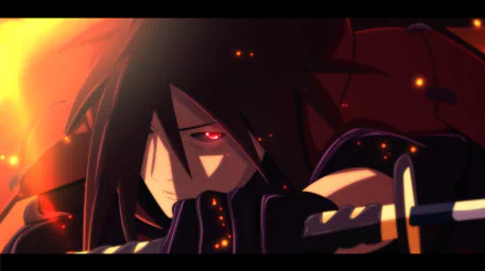 HD desktop wallpaper featuring Madara Uchiha from Naruto anime, showcasing his intense Sharingan eyes and warrior stance with a sword, against a dramatic, fiery background.