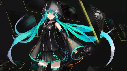 HD desktop wallpaper of Hatsune Miku with long blue twintails, blue eyes, and a black skirt, styled in vibrant anime and Vocaloid aesthetics.