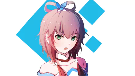 HD desktop wallpaper featuring Luo Tianyi, an Anime Vocaloid character with green eyes and pink twintails. A blue geometric background complements the character.