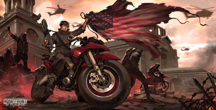 Homefront: The Revolution video game 5K Ultra HD PC desktop wallpaper: rebel on a red motorcycle waving a tattered American flag in a ruined city while helicopters circle overhead.