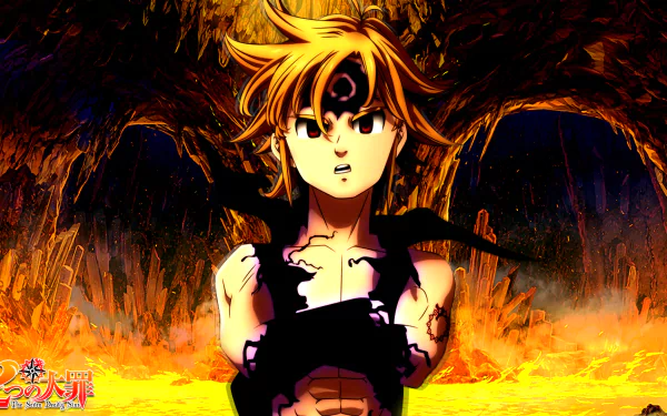 HD desktop wallpaper of Meliodas from The Seven Deadly Sins, featuring his blonde hair and red eyes in an intense, fiery background.