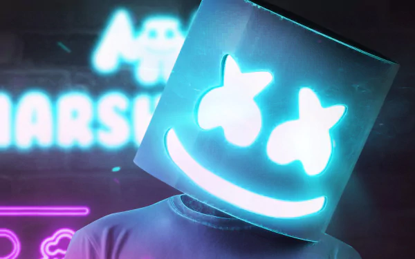 HD desktop wallpaper featuring Marshmello, DJ and musician, with his signature helmet and a neon background displaying his name.