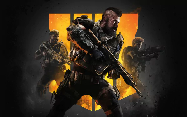 HD desktop wallpaper featuring soldiers from Call of Duty: Black Ops 4, with a prominent figure in the foreground against an orange backdrop.