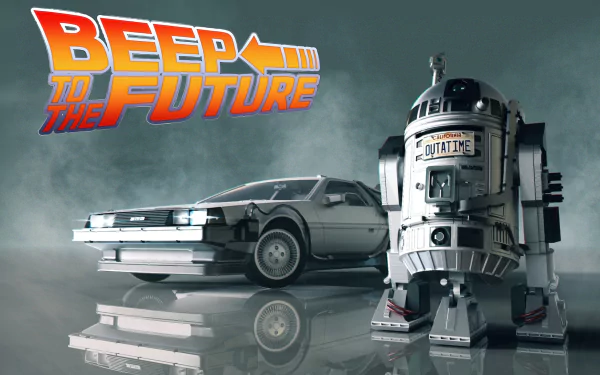 HD PC wallpaper featuring a Star Wars crossover with R2-D2 styled as the DeLorean time machine from Back to the Future, titled Beep to the Future.