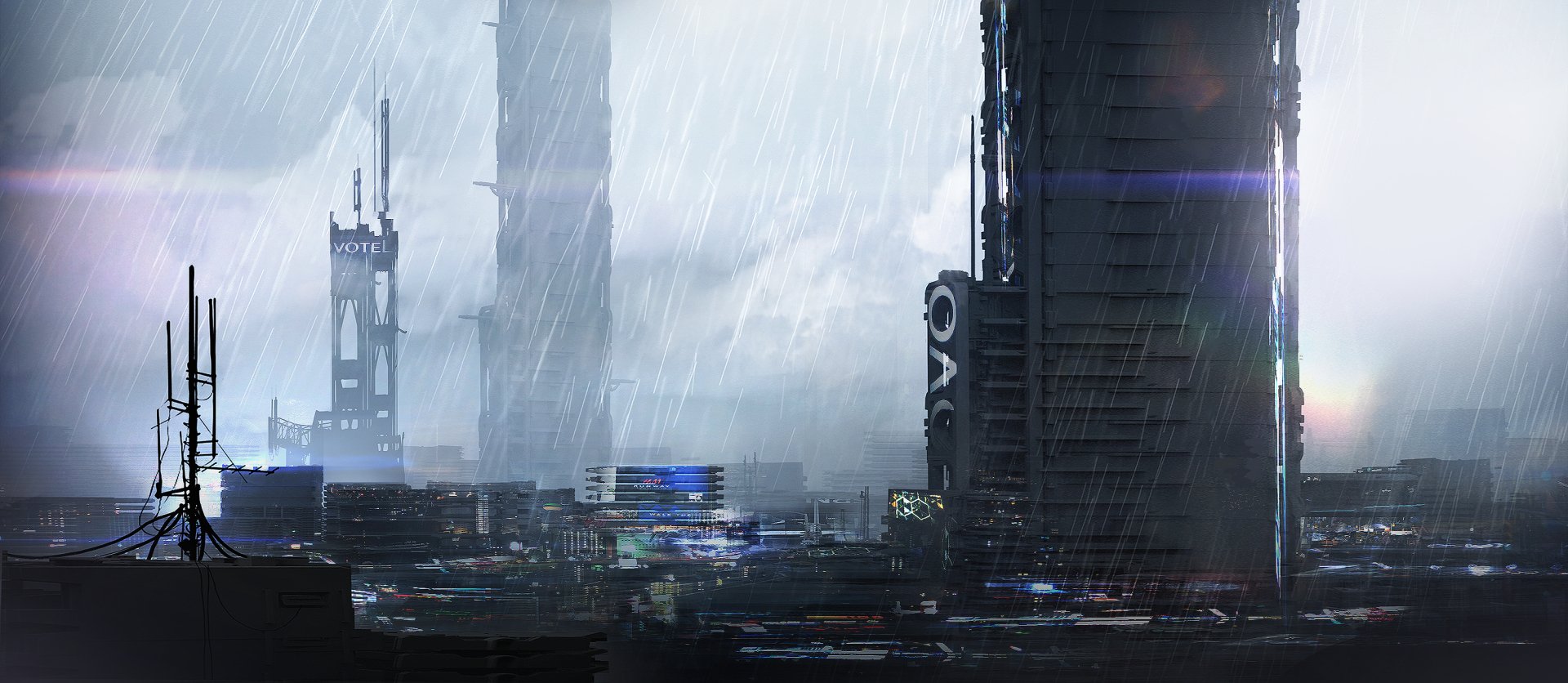 A vibrant anime-style cityscape under heavy rain, featuring futuristic skyscrapers and a moody atmosphere. This HD wallpaper captures a unique, original aesthetic.