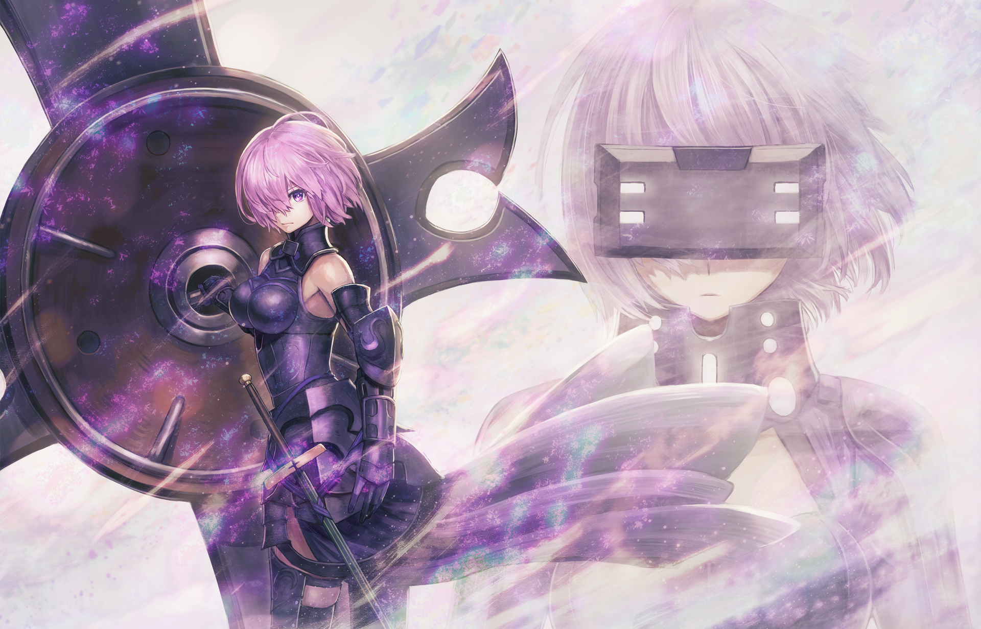 HD PC desktop wallpaper of Mashu Kyrielight from Fate/Grand Order — purple-haired anime warrior with large shield, layered ethereal portrait against a soft pastel background.