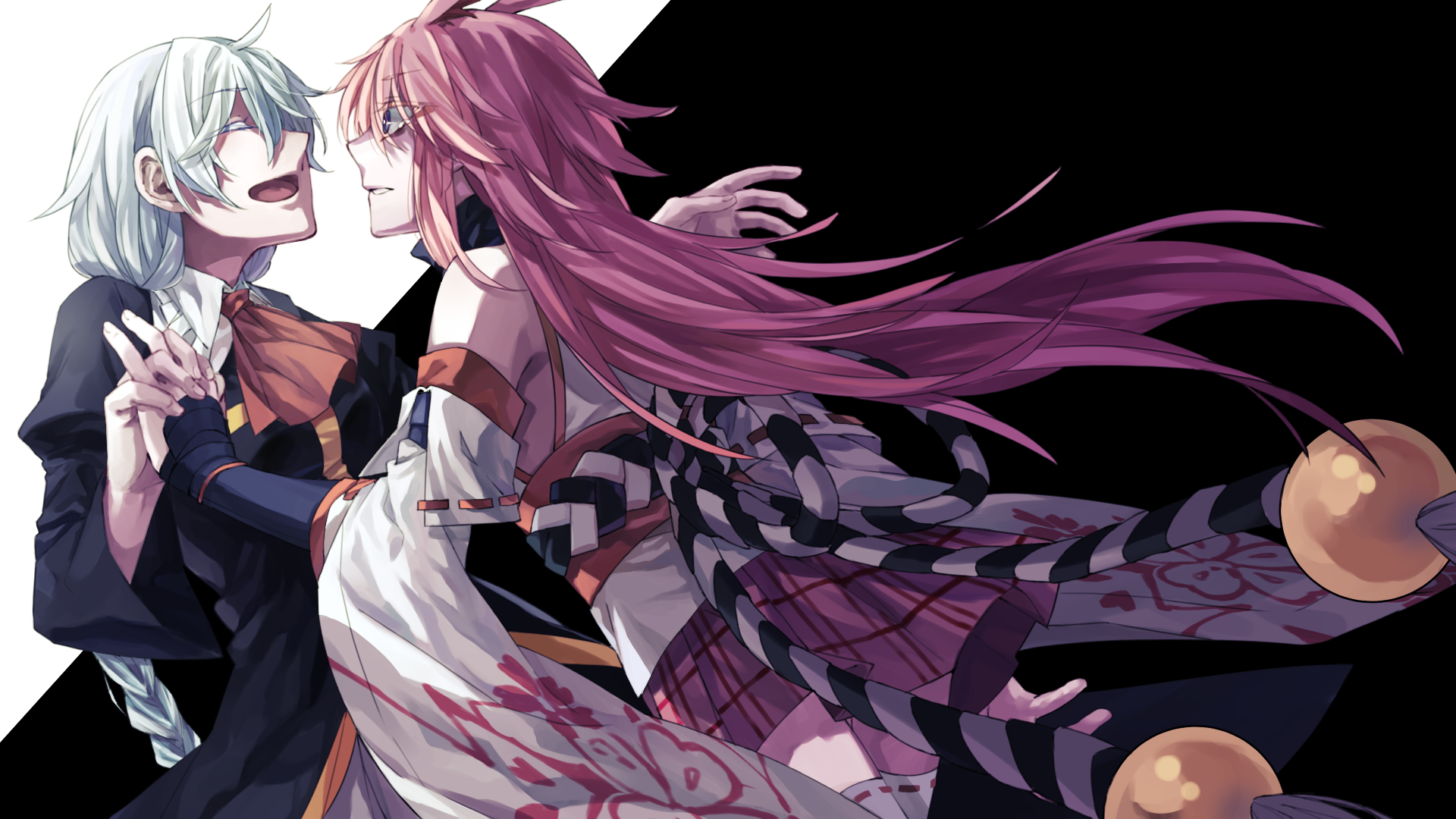 Anime HD PC desktop wallpaper/background — Benghuai Xueyuan: white-haired laughing character and long pink-haired warrior in a flowing patterned robe face each other against a black backdrop.