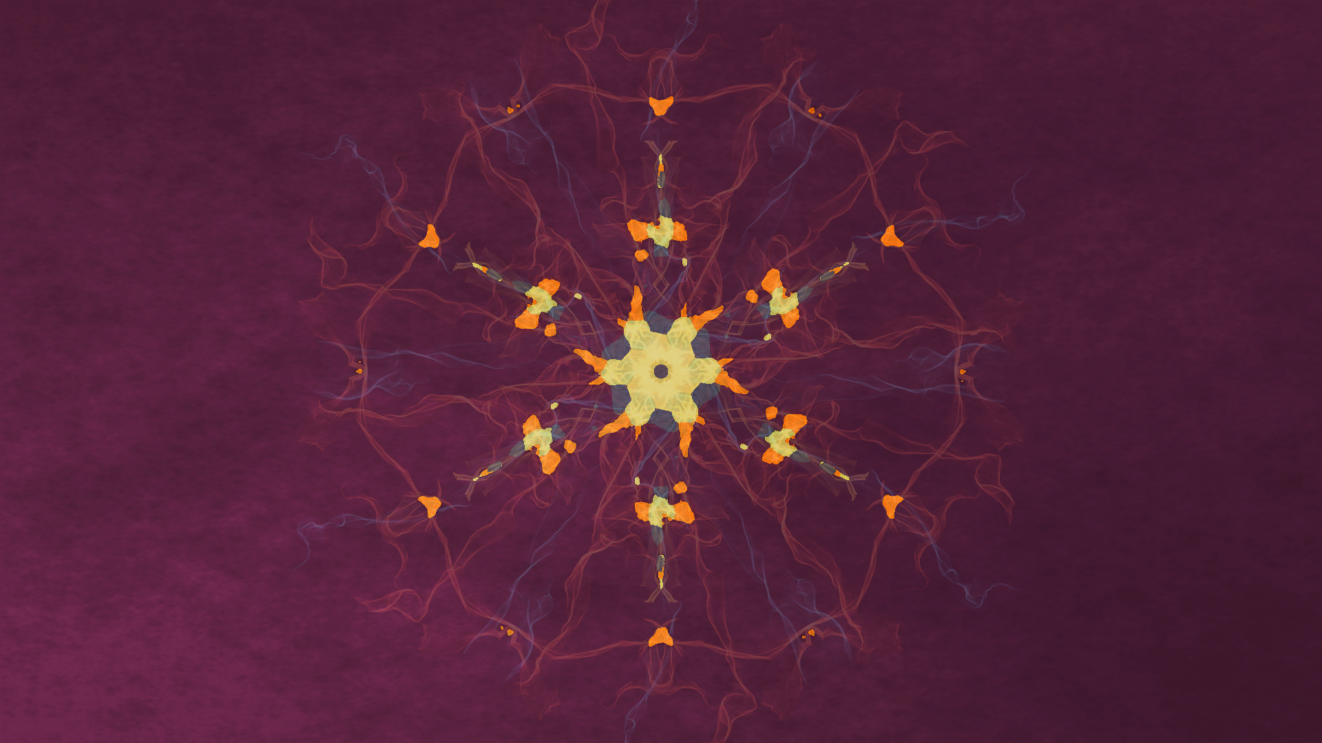 Maroon abstract artistic HD PC desktop wallpaper showing a central luminous yellow‑orange kaleidoscopic star with branching, web‑like veins on a textured maroon field.