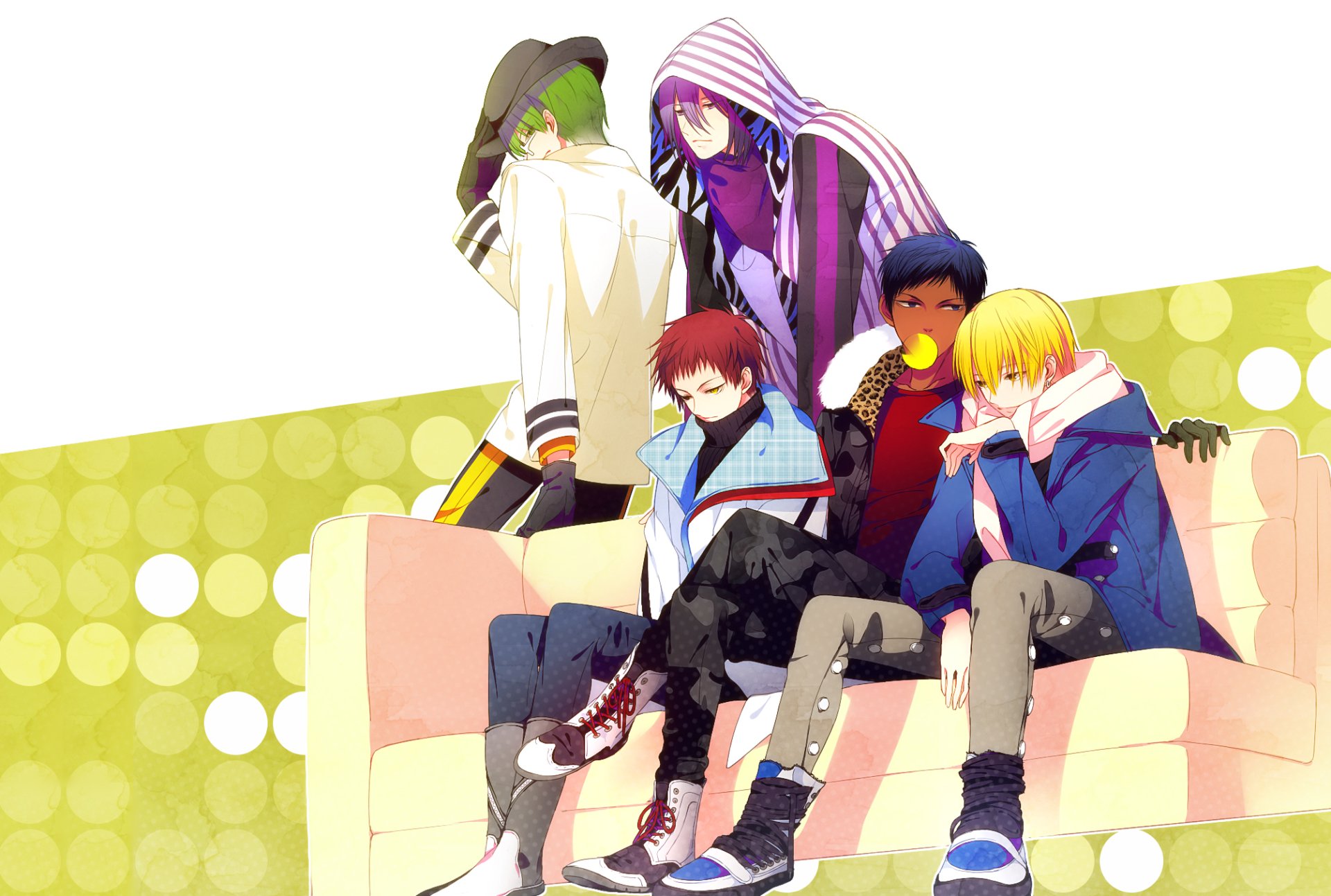 HD PC wallpaper of Kuroko's Basketball’s Generation of Miracles: Atsushi Murasakibara, Shintarō Midorima, Ryōta Kise, Daiki Aomine and Seijūrō Akashi lounging on a couch.