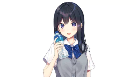 HD anime-style original artwork of a girl with long black hair, wearing a school uniform and holding a water bottle, designed as a PC desktop wallpaper and background.