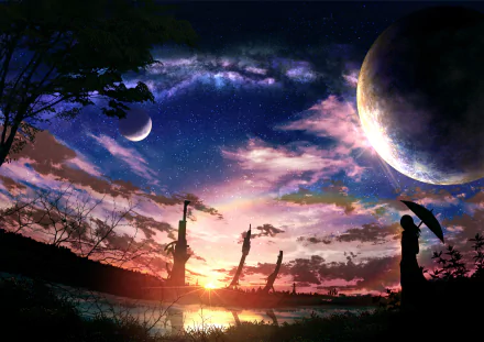Anime HD wallpaper depicting a stunning sunset with a large moon and crescent moon in the sky. A figure holding an umbrella stands near a tranquil water body, with vibrant colors blending in the background.
