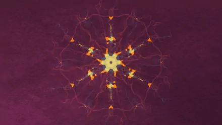 Maroon abstract artistic HD PC desktop wallpaper showing a central luminous yellow‑orange kaleidoscopic star with branching, web‑like veins on a textured maroon field.