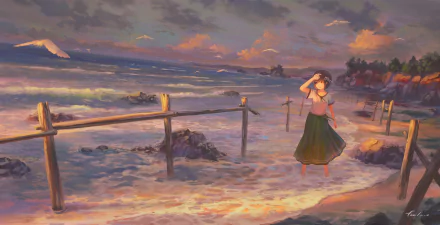 HD anime original desktop wallpaper showing a girl standing on a beach at sunset with waves, wooden fences, and a vibrant, colorful sky.