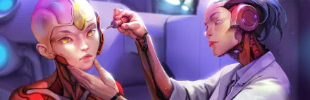 Sci-Fi HD PC desktop wallpaper of two humanoid robots in a clinical lab; one technician adjusts an ear implant on the other under soft purple lighting, detailed cybernetic features.