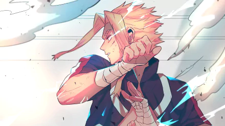 A dynamic 4K Ultra HD anime wallpaper of All Might (Toshinori Yagi) from My Hero Academia in a powerful pose with glowing eyes and energy streaks.